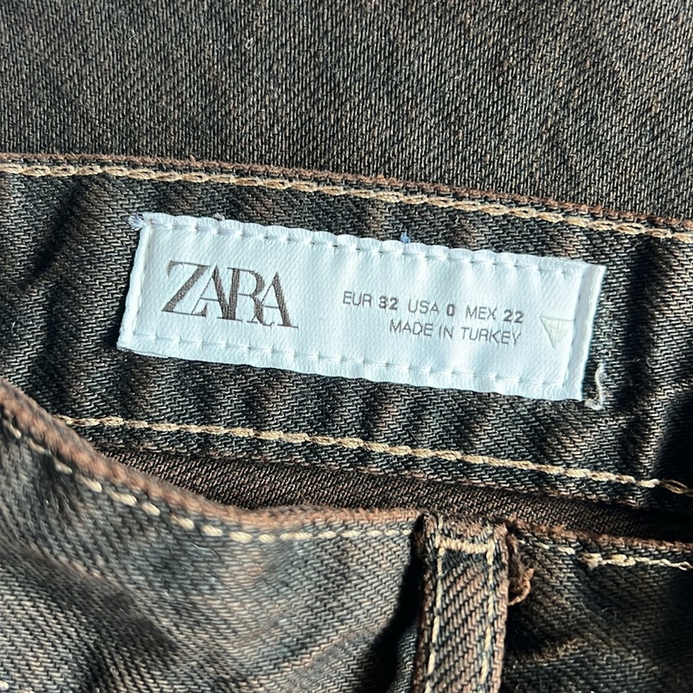 ZARA High Rise Cut Off Jeans Brown Straight Leg Denim Size 0 - Picture 7 of 8